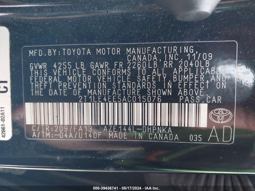 2010 Toyota Matrix S VIN: 2T1LE4EE5AC015076 Lot: 39436741