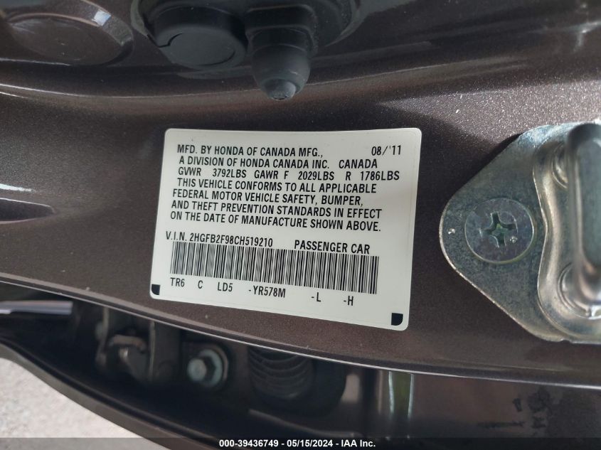 2012 Honda Civic Ex-L VIN: 2HGFB2F98CH519210 Lot: 39436749