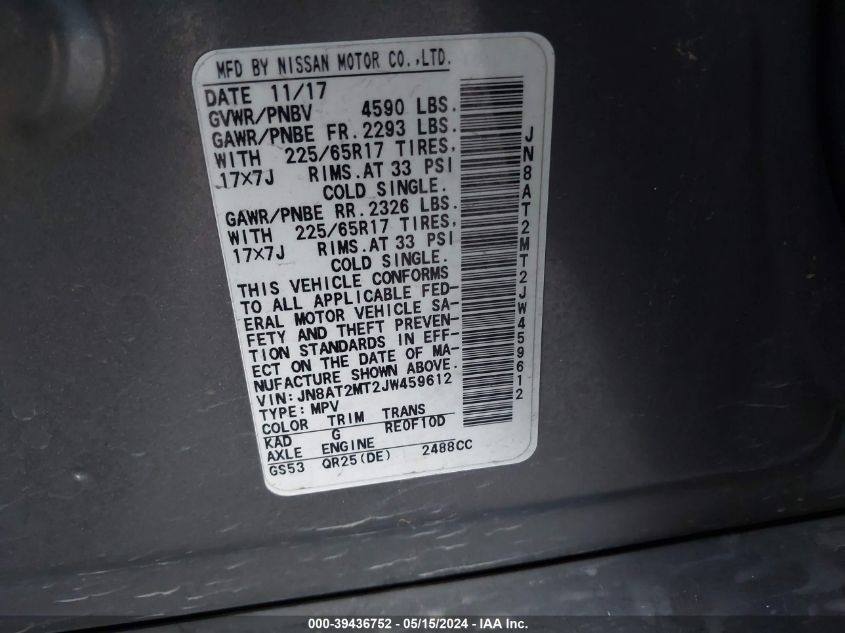 2018 Nissan Rogue S VIN: JN8AT2MT2JW459612 Lot: 39436752