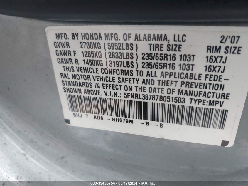 2007 Honda Odyssey Ex-L VIN: 5FNRL38787B051503 Lot: 39436754