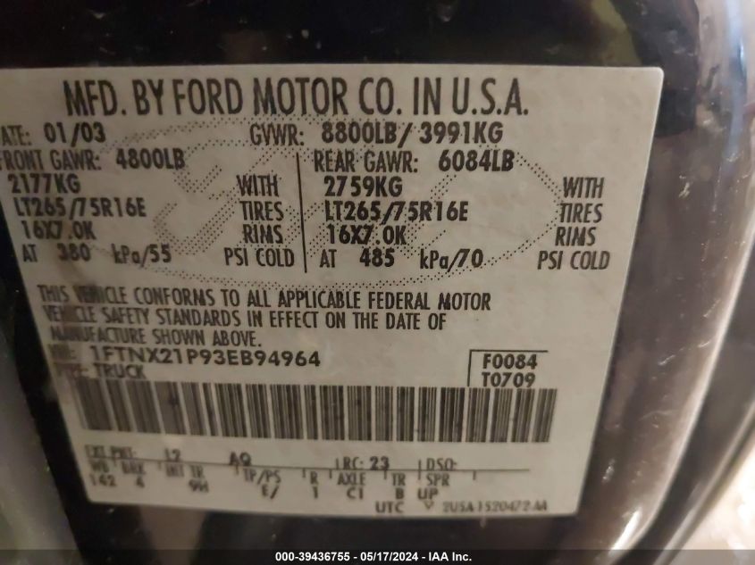 2003 Ford F-250 VIN: 1FTNX21P93E894964 Lot: 39436755