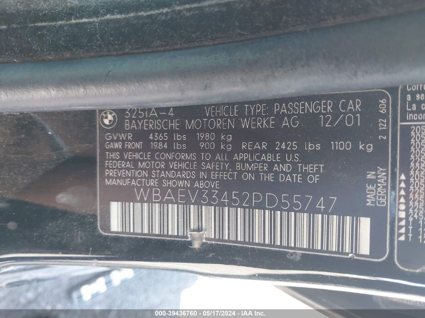 2002 BMW 325I VIN: WBAEV33452PD55747 Lot: 39436760