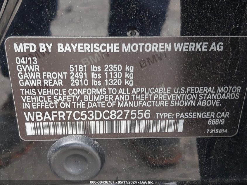 2013 BMW 535I I VIN: WBAFR7C53DC827556 Lot: 39436767