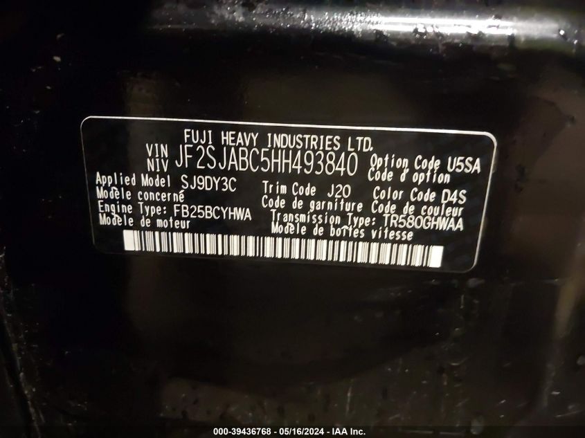 2017 Subaru Forester 2.5I VIN: JF2SJABC5HH493840 Lot: 39436768