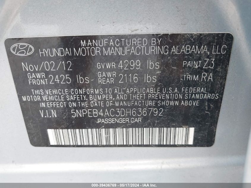 2013 Hyundai Sonata Gls VIN: 5NPEB4AC3DH636792 Lot: 39436769