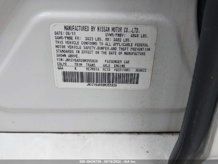 2011 Infiniti G37X VIN: JN1CV6AR6BM355929 Lot: 39436789