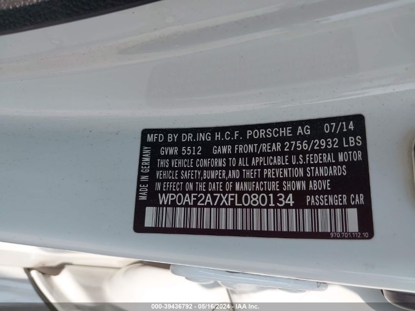 2015 Porsche Panamera Gts VIN: WP0AF2A7XFL080134 Lot: 39436792