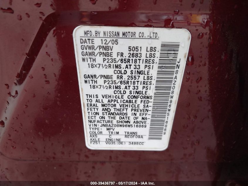 2006 Nissan Murano S VIN: JN8AZ08W96W516869 Lot: 39436797