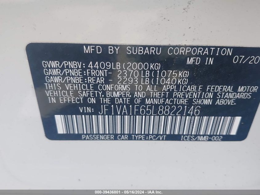 2020 Subaru Wrx Premium VIN: JF1VA1F65L8822146 Lot: 39436801