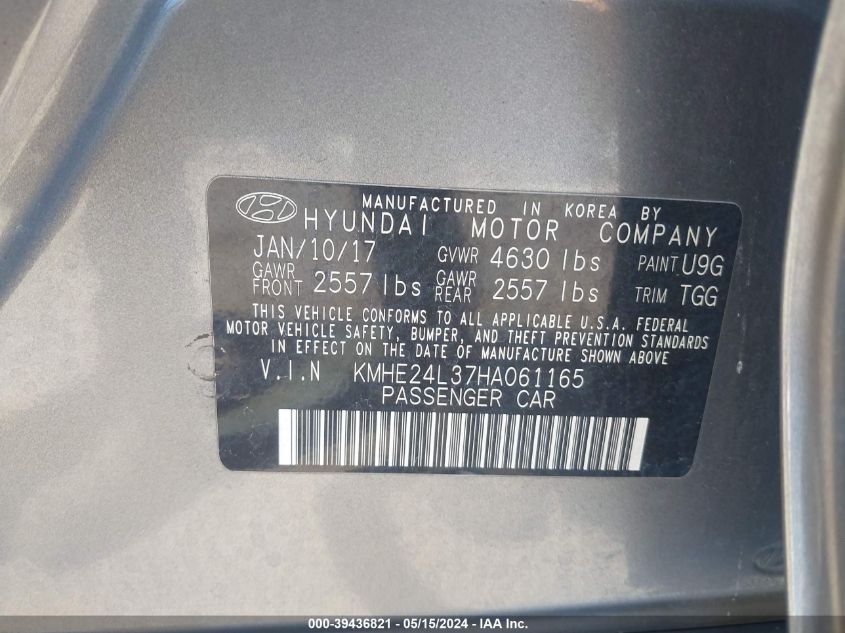 2017 Hyundai Sonata Hybrid Se VIN: KMHE24L37HA061165 Lot: 39436821