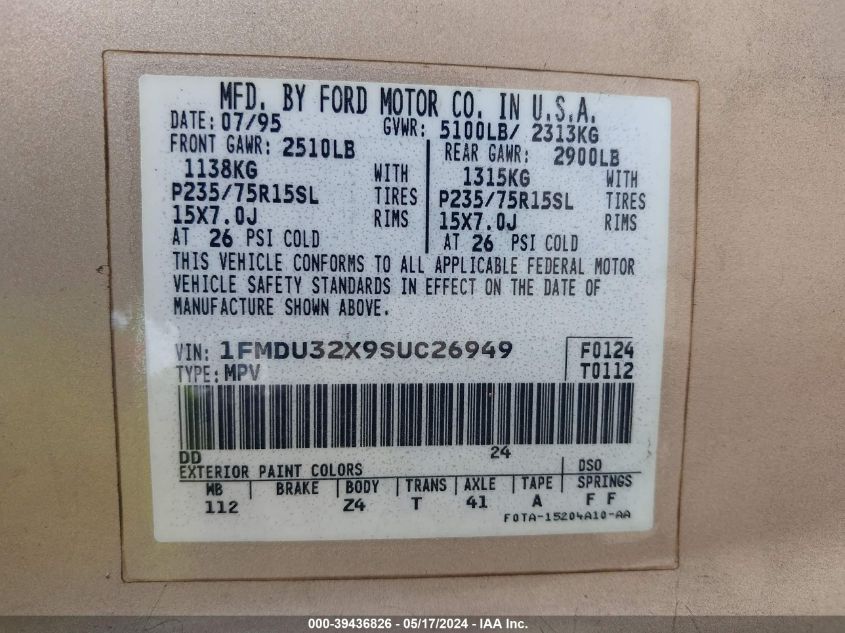 1995 Ford Explorer VIN: 1FMDU32X9SUC26949 Lot: 39436826