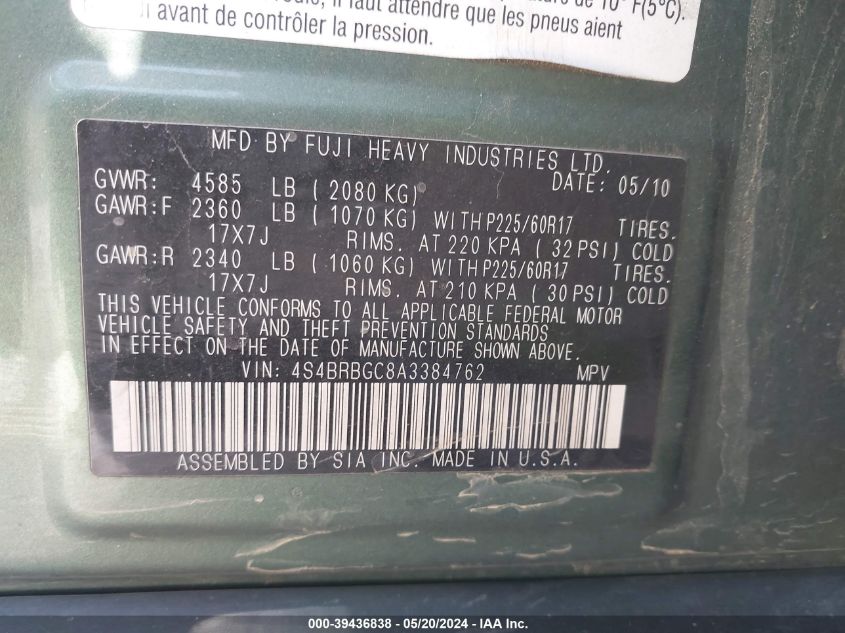 2010 Subaru Outback 2.5I Premium VIN: 4S4BRBGC8A3384762 Lot: 39436838