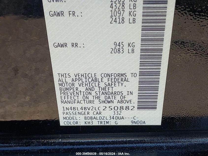 2020 Nissan Altima S Fwd VIN: 1N4BL4BV2LC250882 Lot: 39436839