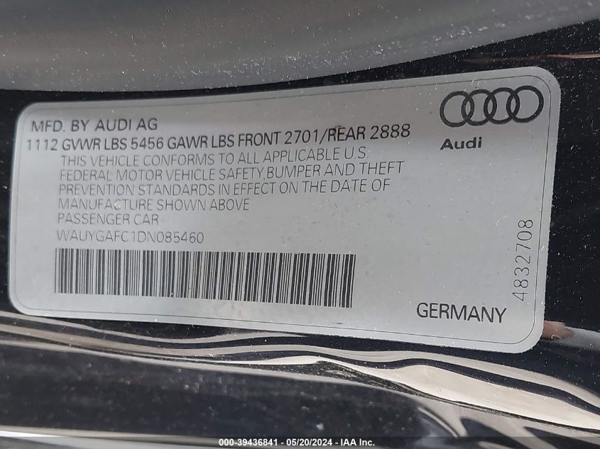 2013 Audi A7 3.0T Premium VIN: WAUYGAFC1DN085460 Lot: 39436841