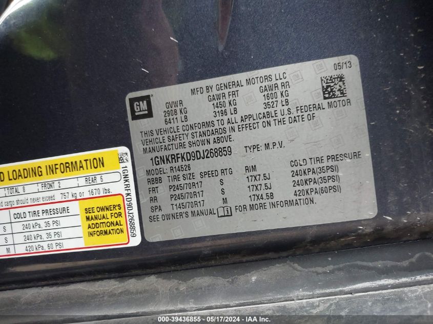 2013 Chevrolet Traverse Ls VIN: 1GNKRFKD9DJ268859 Lot: 39436855