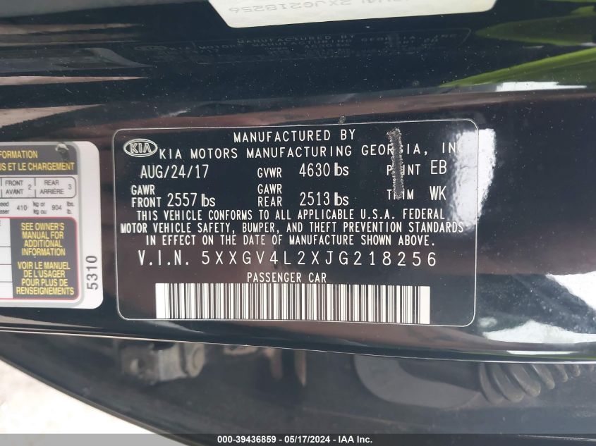 2018 Kia Optima Sx Turbo VIN: 5XXGV4L2XJG218256 Lot: 39436859