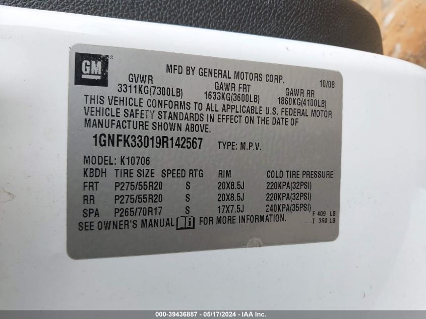 2009 Chevrolet Tahoe Ltz VIN: 1GNFK33019R142567 Lot: 39436887