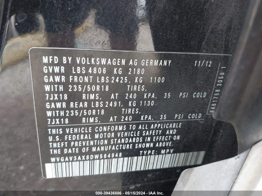 2013 Volkswagen Tiguan Se VIN: WVGAV3AX8DW564948 Lot: 39436886