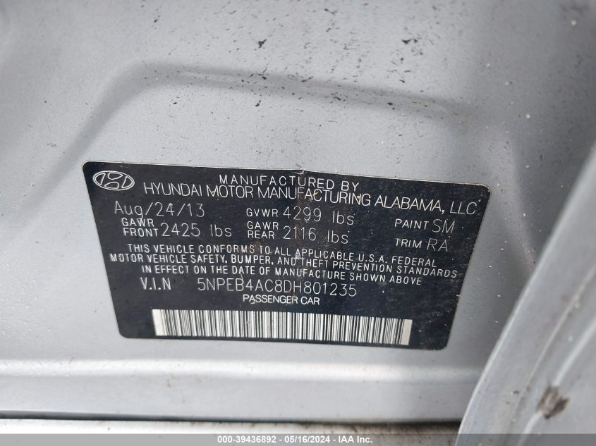 2013 Hyundai Sonata Gls VIN: 5NPEB4AC8DH801235 Lot: 39436892