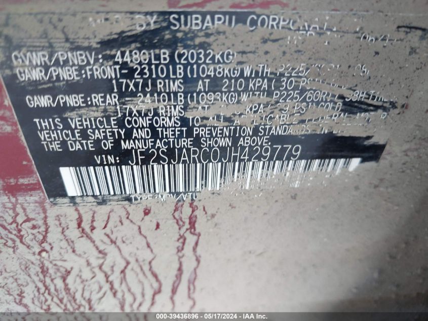 2018 Subaru Forester 2.5I Limited VIN: JF2SJARC0JH429779 Lot: 39436896