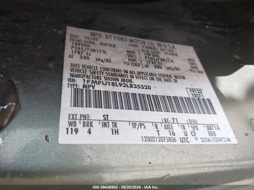 2003 Ford Expedition Eddie Bauer VIN: 1FMFU18L93LB35320 Lot: 39436902