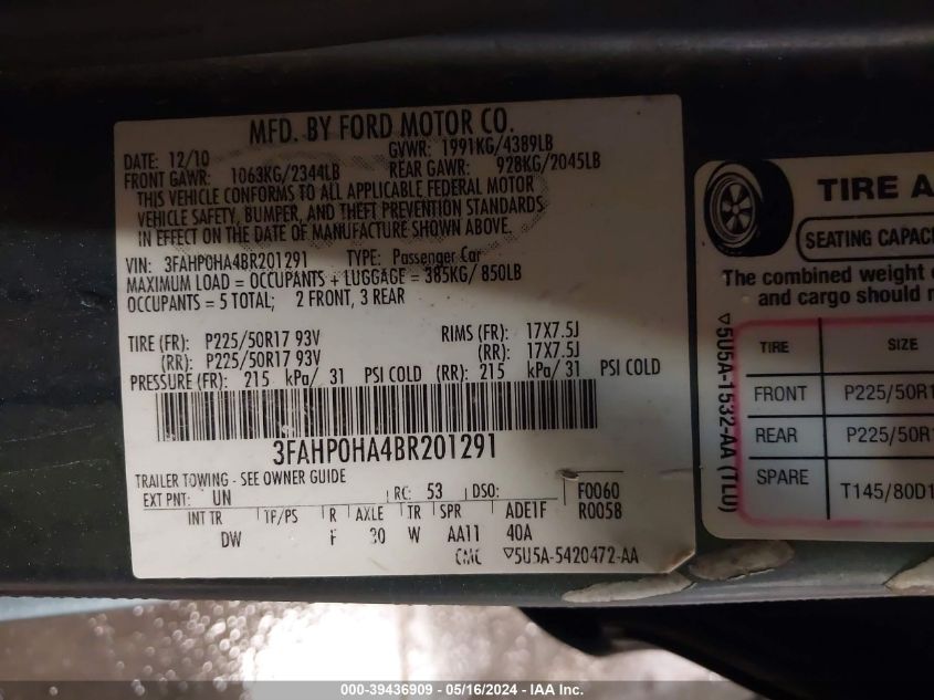 2011 Ford Fusion Se VIN: 3FAHP0HA4BR201291 Lot: 39436909