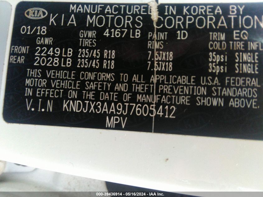 2018 Kia Soul ! VIN: KNDJX3AA9J7605412 Lot: 39436914
