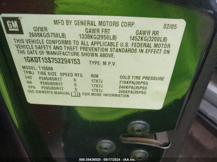 2005 GMC Envoy Sle VIN: 1GKDT13S752294153 Lot: 39436920