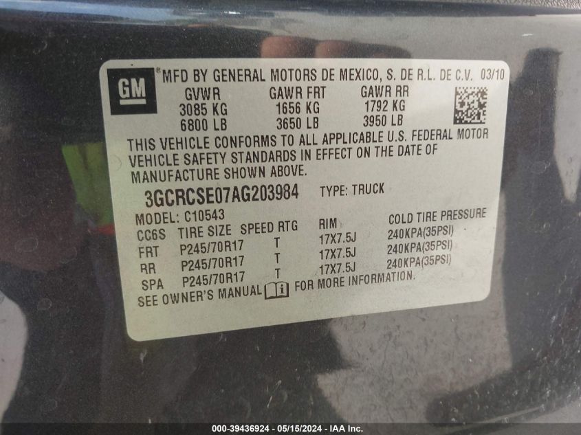 2010 Chevrolet Silverado 1500 Lt VIN: 3GCRCSE07AG203984 Lot: 39436924