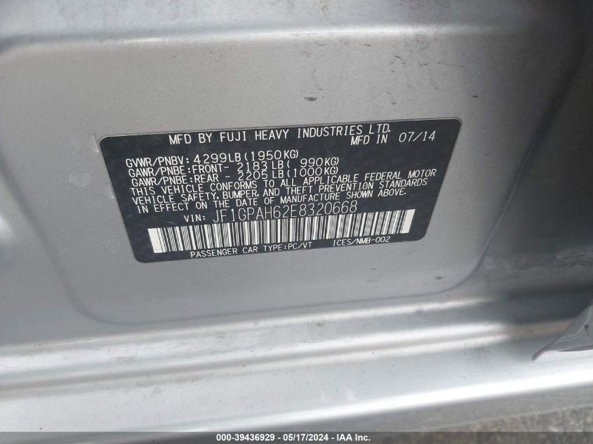 2014 Subaru Impreza Limited VIN: JF1GPAH62E8320668 Lot: 39436929