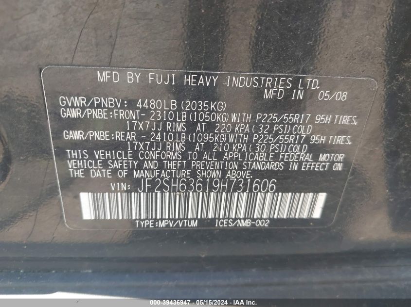 2009 Subaru Forester 2.5X VIN: JF2SH63619H731606 Lot: 39436947