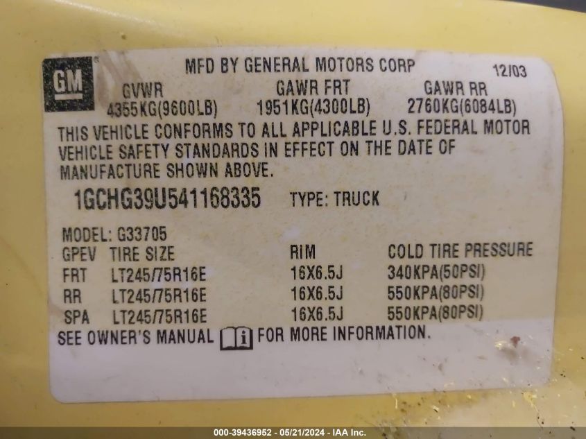 2004 Chevrolet Express VIN: 1GCHG39U541168335 Lot: 39436952