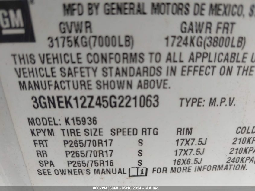 2005 Chevrolet Avalanche 1500 Z71 VIN: 3GNEK12Z45G221063 Lot: 39436968