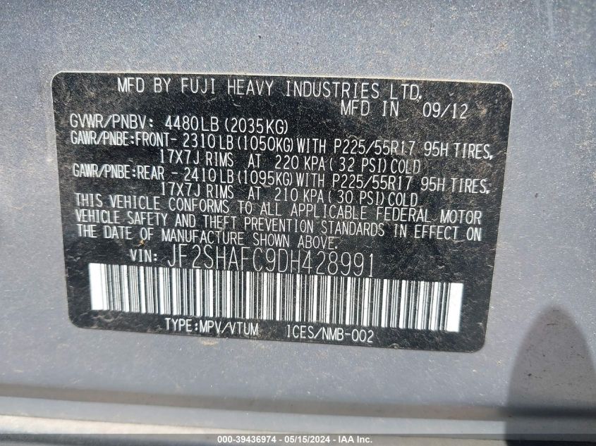 2013 Subaru Forester 2.5X Limited VIN: JF2SHAFC9DH428991 Lot: 39436974