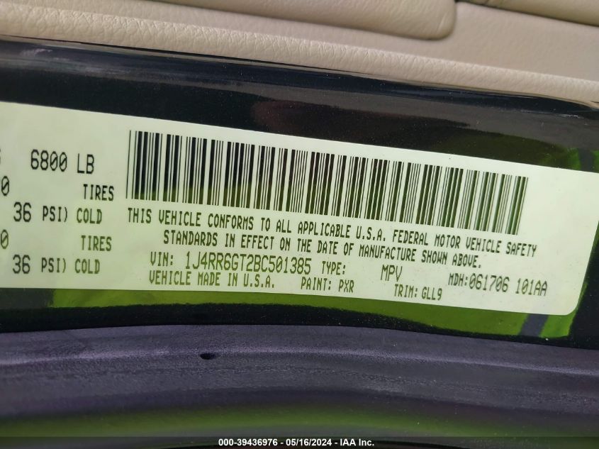 2011 Jeep Grand Cherokee Overland VIN: 1J4RR6GT2BC501385 Lot: 39436976