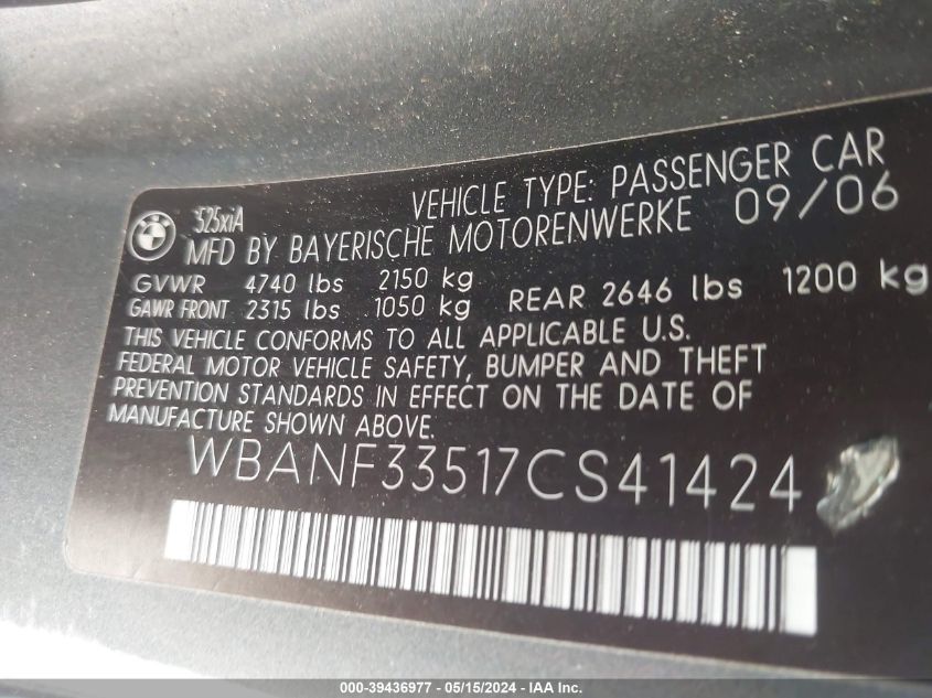 2007 BMW 525Xi VIN: WBANF33517CS41424 Lot: 39436977
