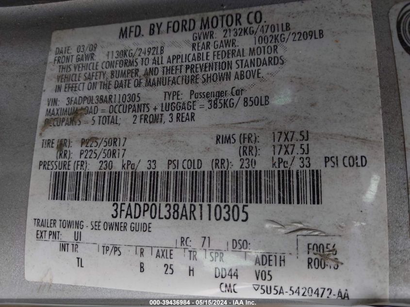 2010 Ford Fusion Hybrid VIN: 3FADP0L38AR110305 Lot: 39436984