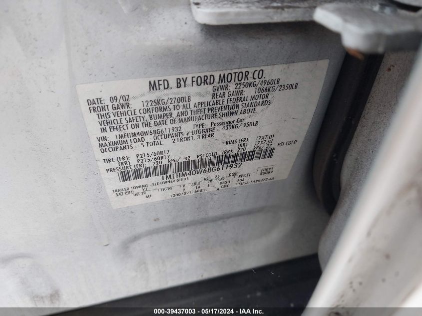 2008 Mercury Sable Luxury VIN: 1MEHM40W68G611932 Lot: 39437003