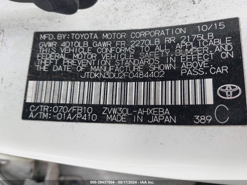 2015 Toyota Prius Two VIN: JTDKN3DU2F0484402 Lot: 39437004