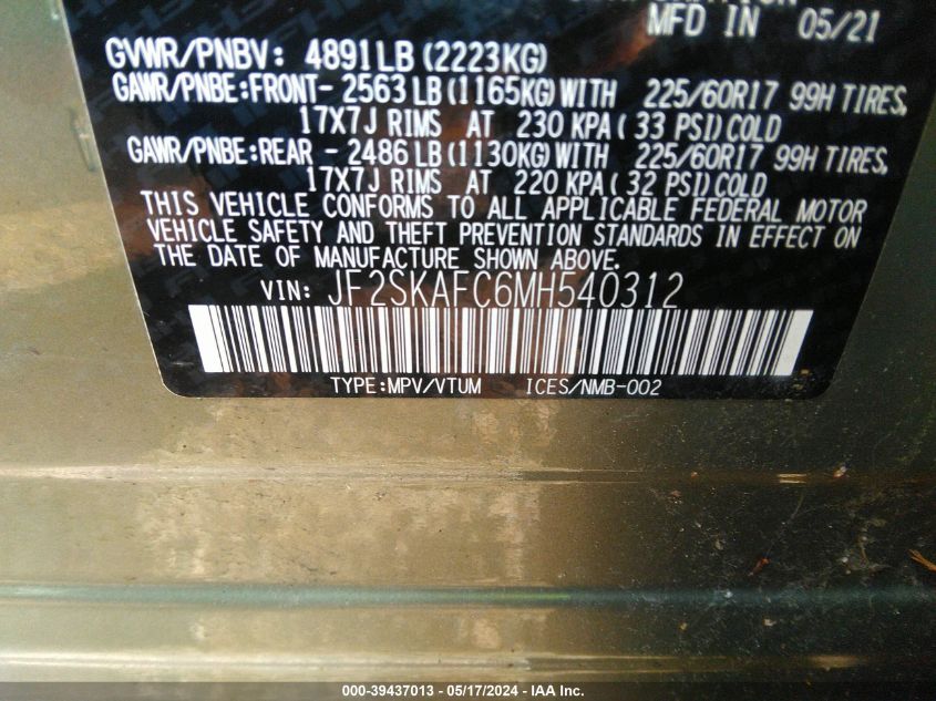 2021 Subaru Forester Premium VIN: JF2SKAFC6MH540312 Lot: 39437013