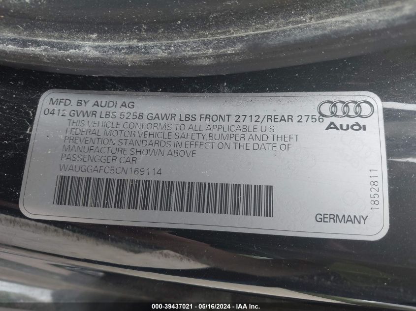 2012 Audi A6 3.0 Premium VIN: WAUGGAFC5CN169114 Lot: 39437021