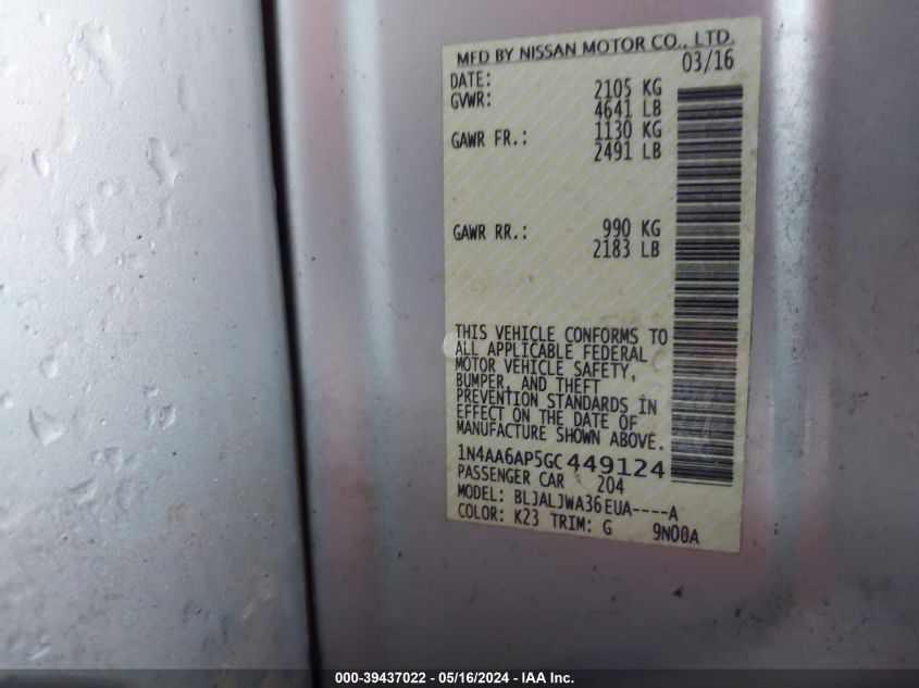 2016 Nissan Maxima 3.5 Sv VIN: 1N4AA6AP5GC449124 Lot: 39437022