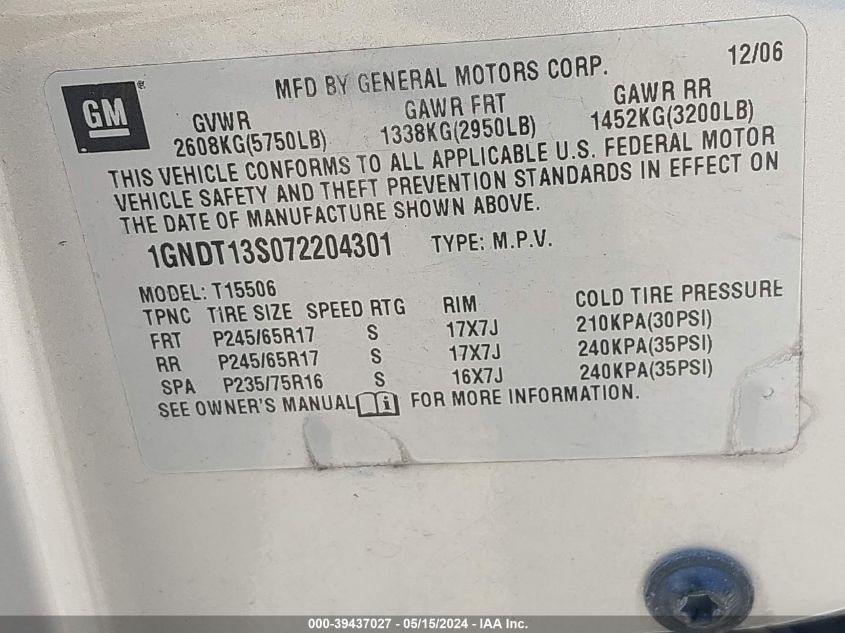 2007 Chevrolet Trailblazer Lt VIN: 1GNDT13S072204301 Lot: 39437027