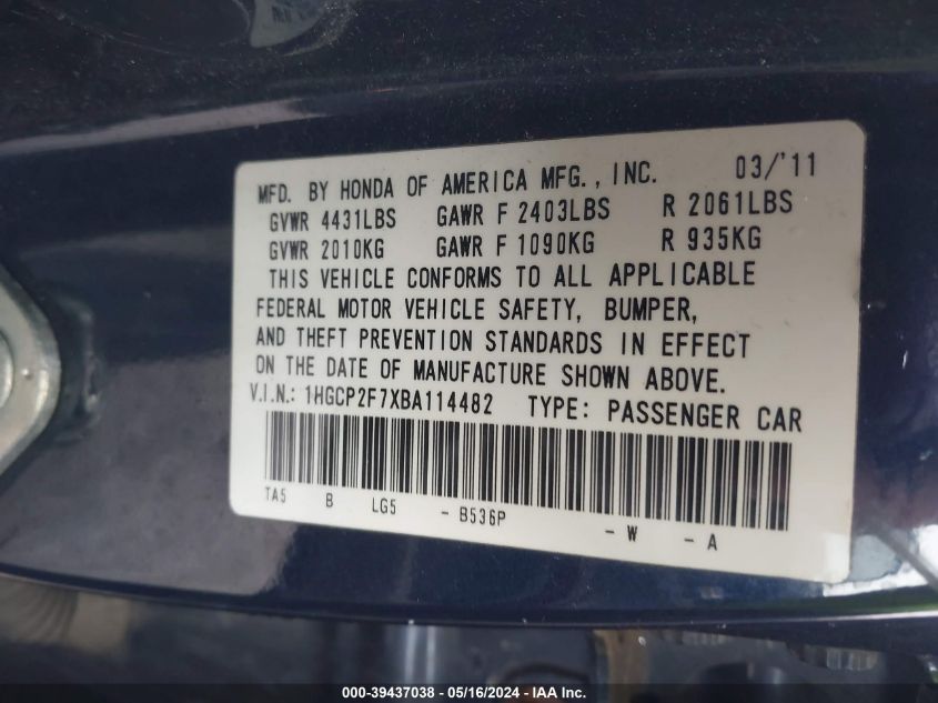 2011 Honda Accord 2.4 Ex VIN: 1HGCP2F7XBA114482 Lot: 39437038