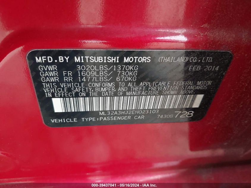 2014 Mitsubishi Mirage De VIN: ML32A3HJ2EH023103 Lot: 39437041