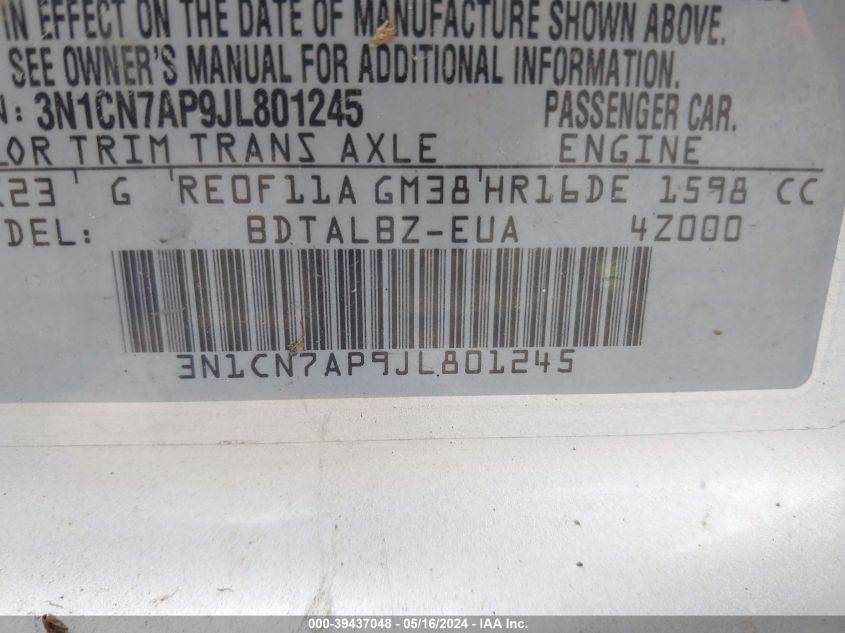 2018 Nissan Versa 1.6 Sv VIN: 3N1CN7AP9JL801245 Lot: 39437048