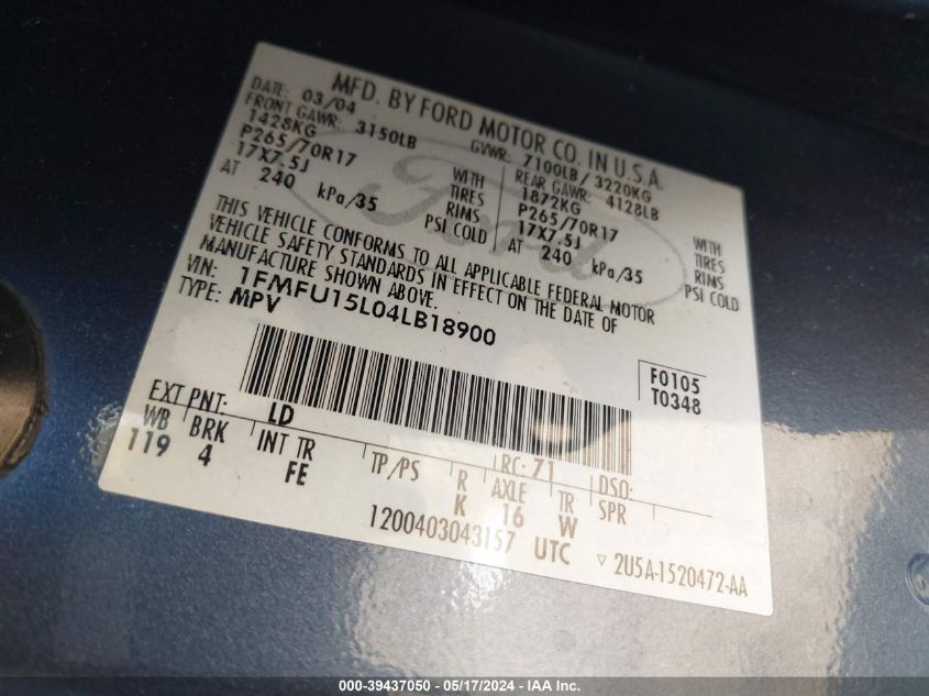 2004 Ford Expedition Xlt VIN: 1FMFU15L04LB18900 Lot: 39437050