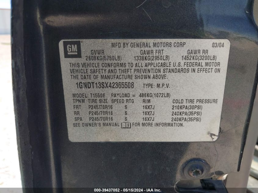 2004 Chevrolet Trailblazer Lt VIN: 1GNDT13SX42365508 Lot: 39437052