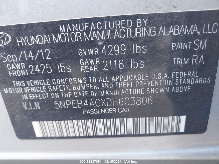 2013 Hyundai Sonata Gls VIN: 5NPEB4ACXDH603806 Lot: 39437054