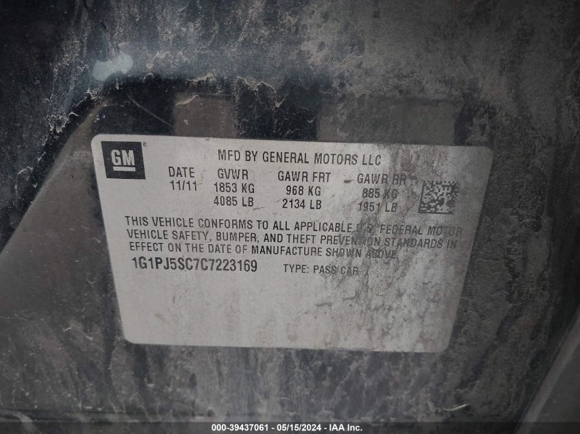 2012 Chevrolet Cruze Eco VIN: 1G1PJ5SC7C7223169 Lot: 39437061